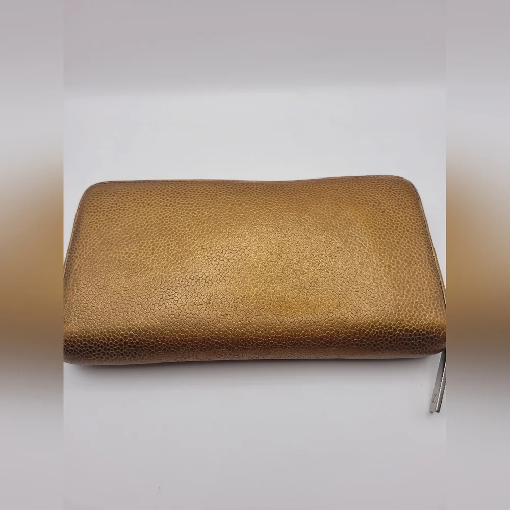 Chanel Bronze Caviar Leather Zip Around Wallet / Clutch